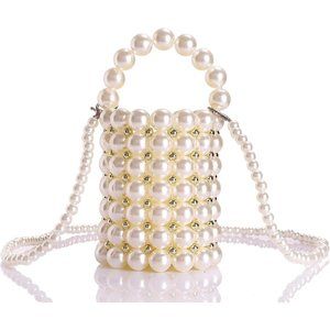 Women Off-White Medium Beaded Decoration Evening Bags with Detachable Chain